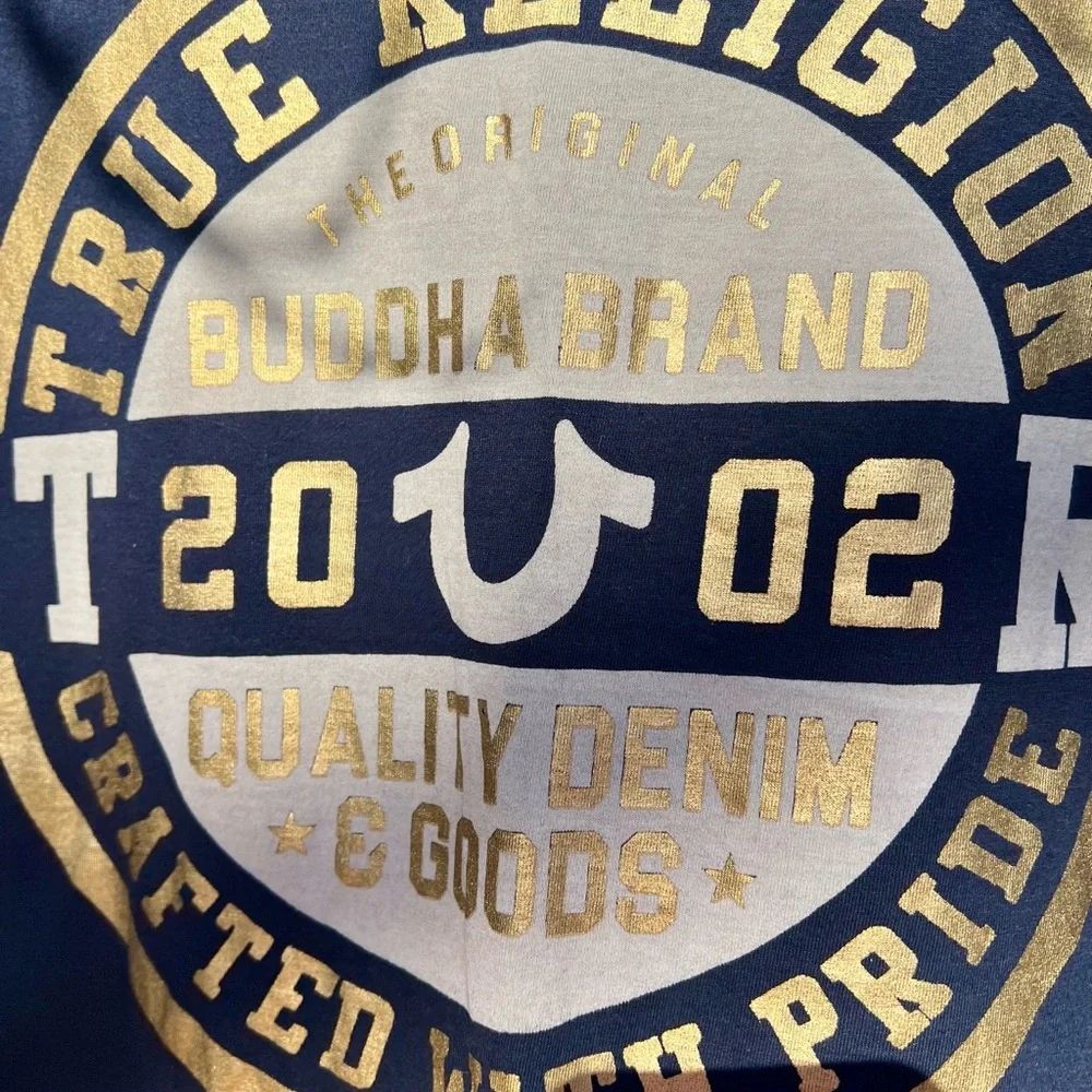 NWOT Mens True Religion T-shirt Double Puff Crew navy gold Buddha Brand 2002 y2k